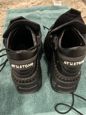 Black Chunky Lace-Up goth Boots with 'AYUSTONG' Logo